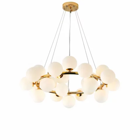 Sospensione a cluster LED con bolle bianche e struttura dorata