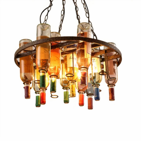 Lampadario suspendu en métal de forme ronde, porte-bouteille, avec des ampoules. Sur un fond blanc.