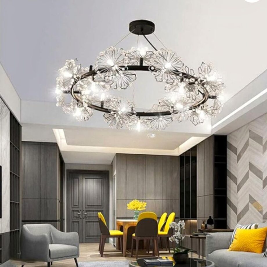 Lampadario pissenlit rond à LED design moderne et créatif dans un salon moderne