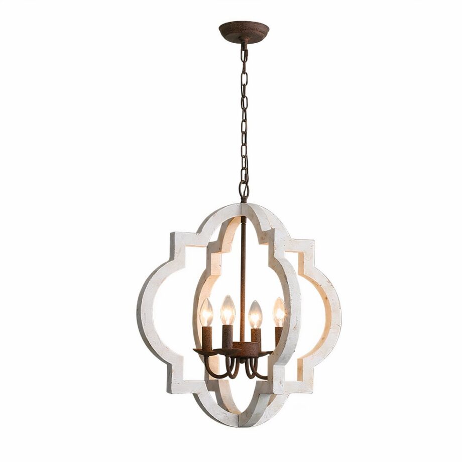 Lampadario en bois massif blanc au design vintage sur fond blanc