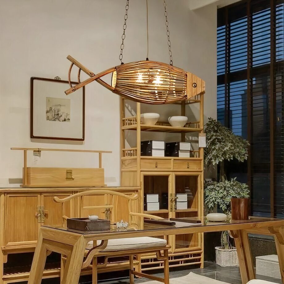 Lampadario in legno a forma di pesce — dettaglio della finitura