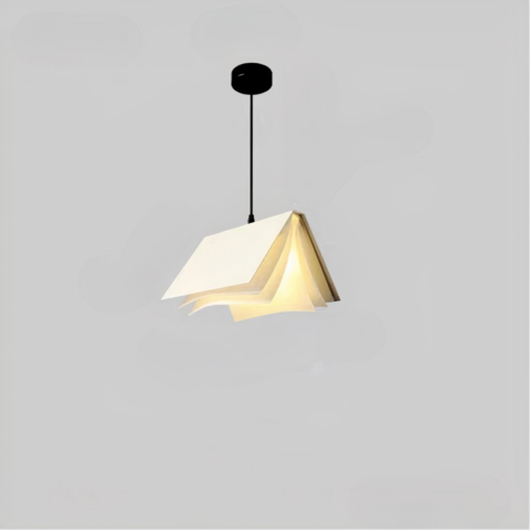 Lampadario LED suspendu au design moderne en forme de livre sur fond gris