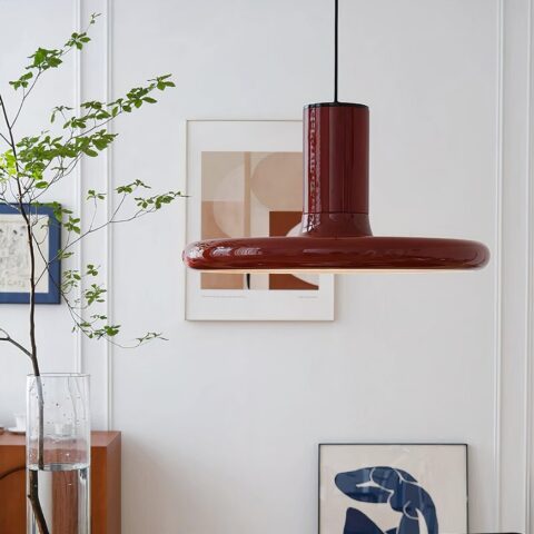 Lampadario rouge rond, plat vintage, suspendu. Au fond mur blanc avec deux tableaux et à gauche un vase haut avec de l'eau et une plante verte.