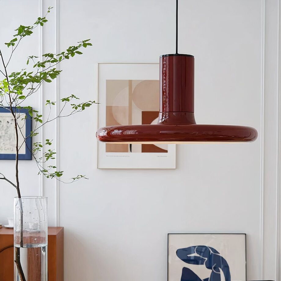 Lampadario rouge rond, plat vintage, suspendu. Au fond mur blanc avec deux tableaux et à gauche un vase haut avec de l'eau et une plante verte.