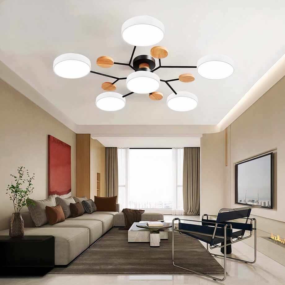 Lampadario in legno e metallo per la camera da letto degli adulti, stile scandinavo — ulteriore dettaglio