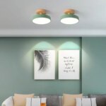 Lampadario plafonnier rond pour chambre en bois et métal installé au plafond et allumé, en version verte, au-dessus d'un canapé.