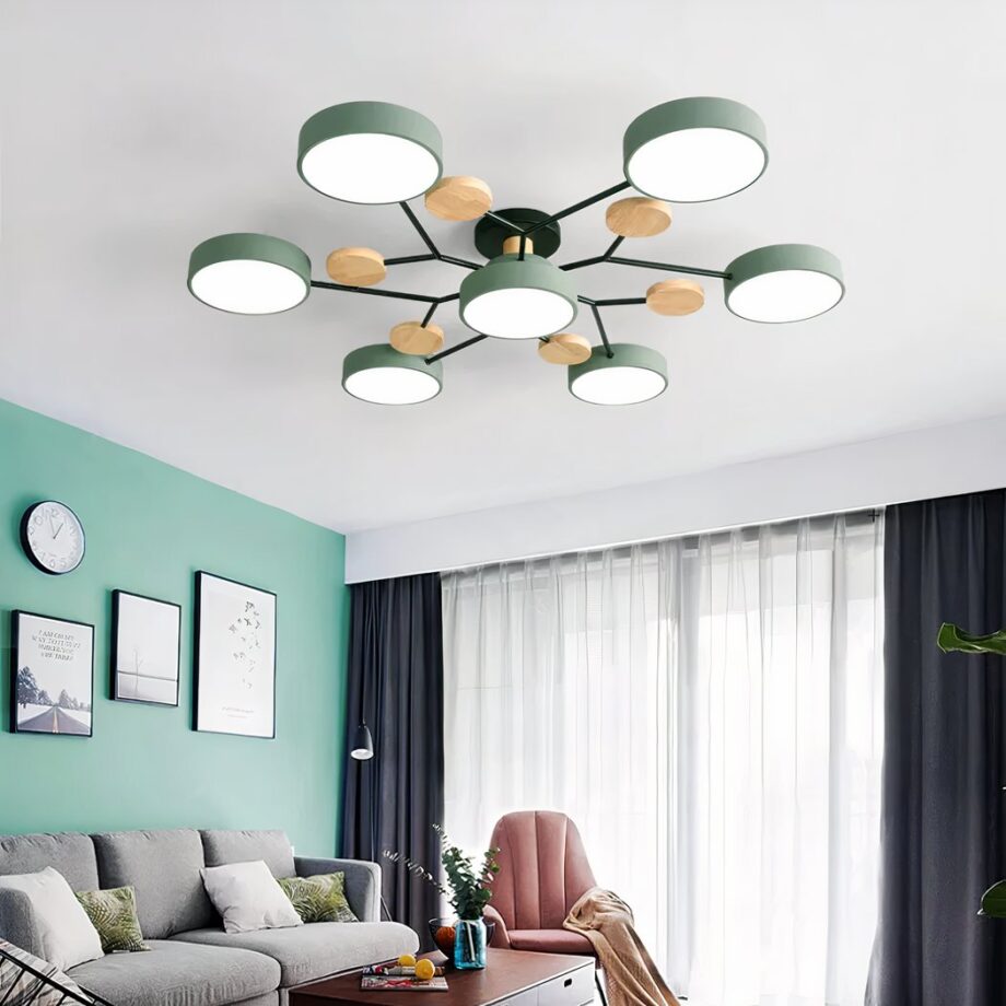 Lampadario in legno e metallo per la camera da letto degli adulti, stile scandinavo — dettaglio