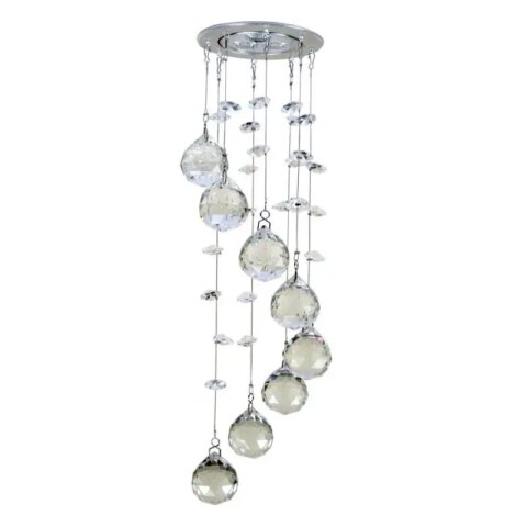 Lampadario plafonnier argenté avec gouttes d'eau transparente en verre suspendues par des fils à différentes hauteurs donnant un visuel de spirale.