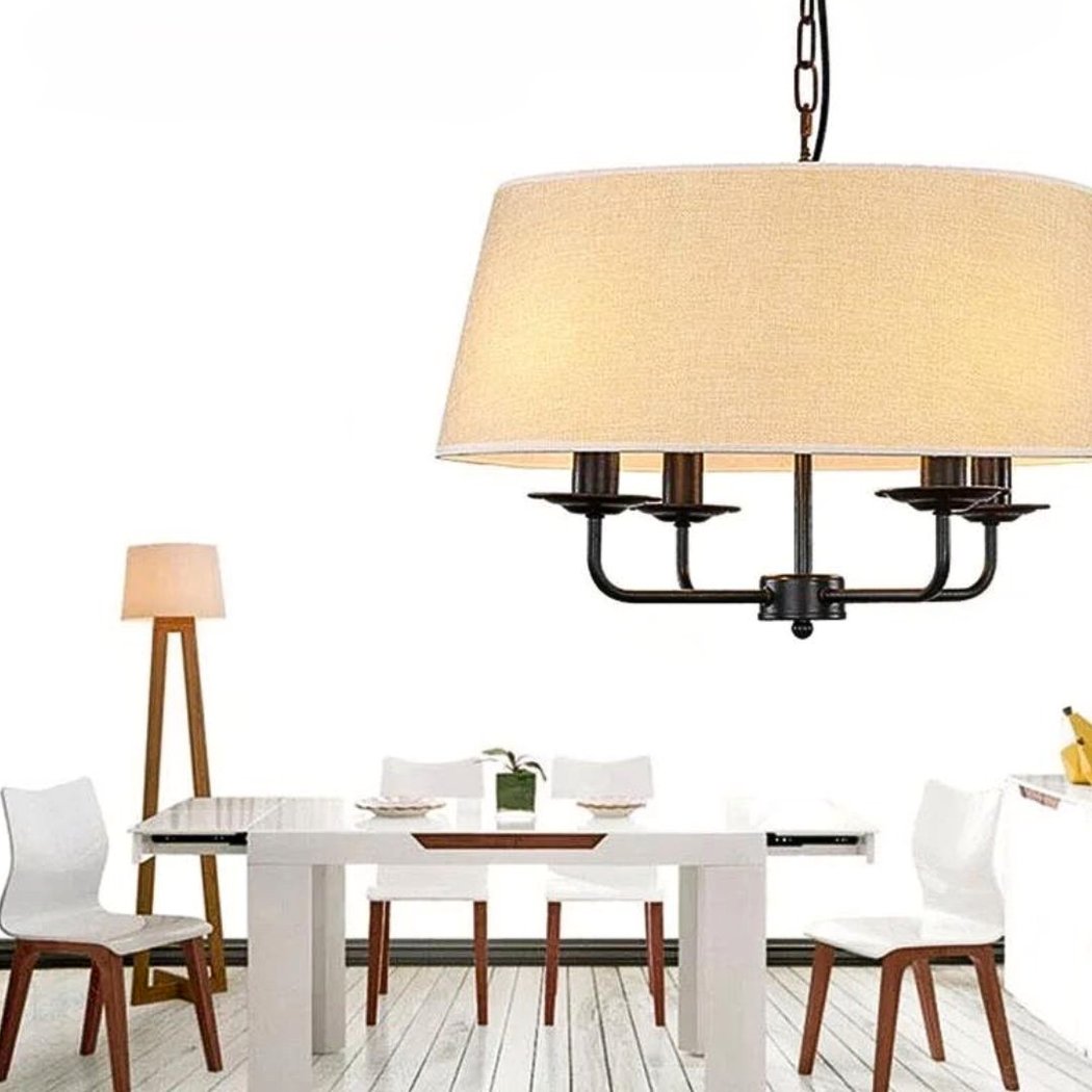 Lampadario a sospensione in ferro battuto vintage con paralume in tessuto — vista posteriore