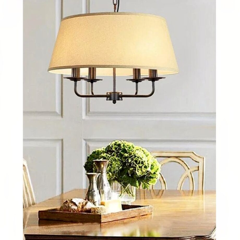 Lampadario a sospensione in ferro battuto vintage con paralume in tessuto — dettaglio della finitura