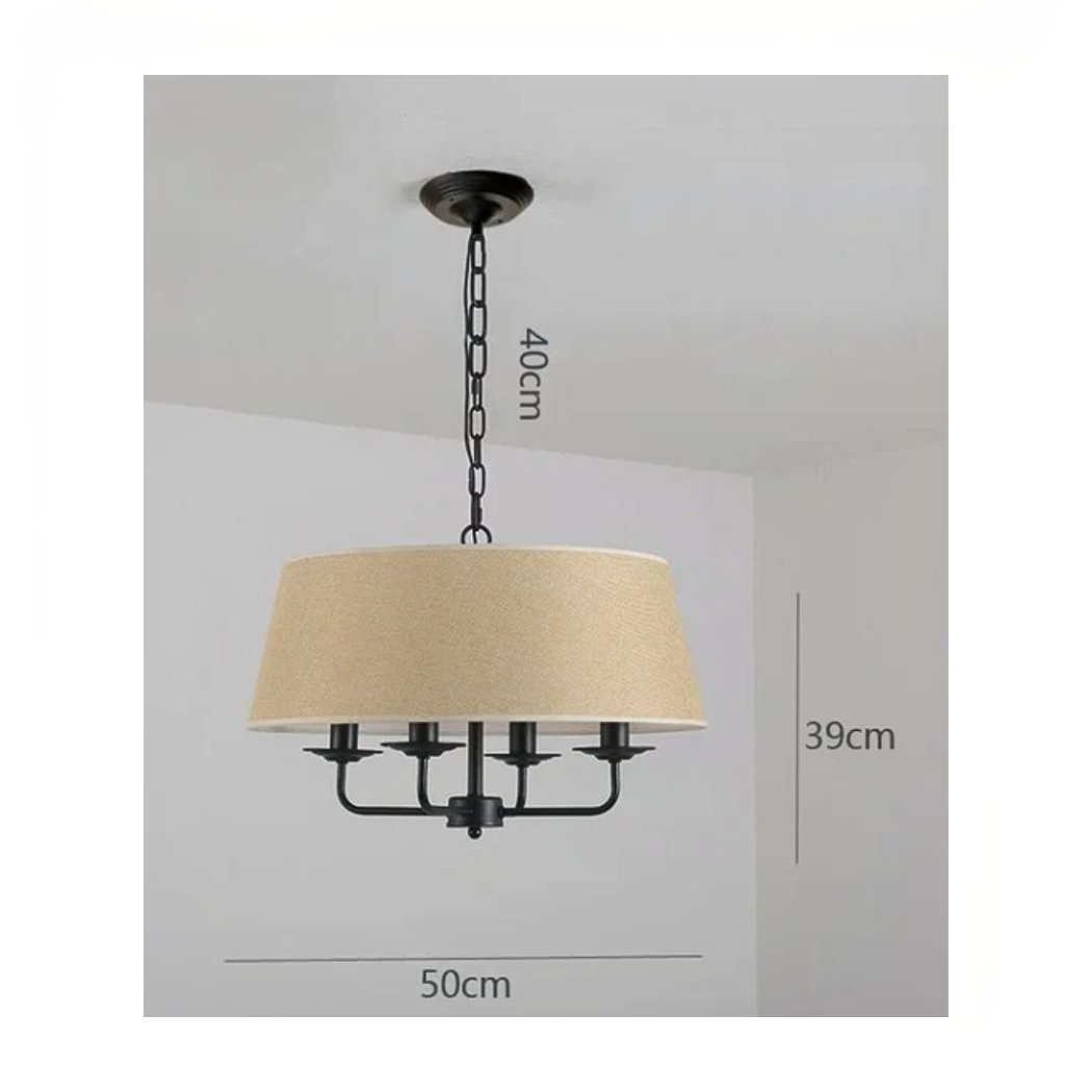 Lampadario a sospensione in ferro battuto vintage con paralume in tessuto — dettaglio
