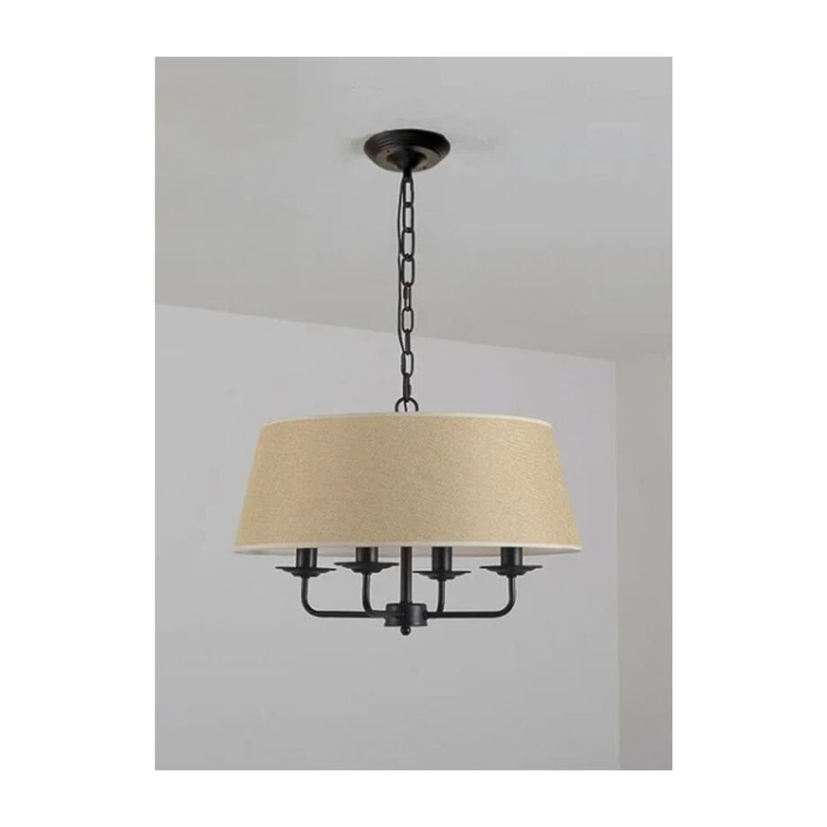 Lampadario a sospensione in ferro battuto vintage con paralume in tessuto — vista principale