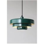on voit sur un fond gris clair une suspension bleu canard en aluminium dans le style scandinave