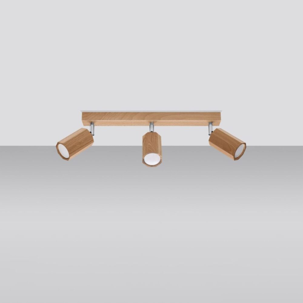Plafoniera design in legno naturale con 3 faretti orientabili