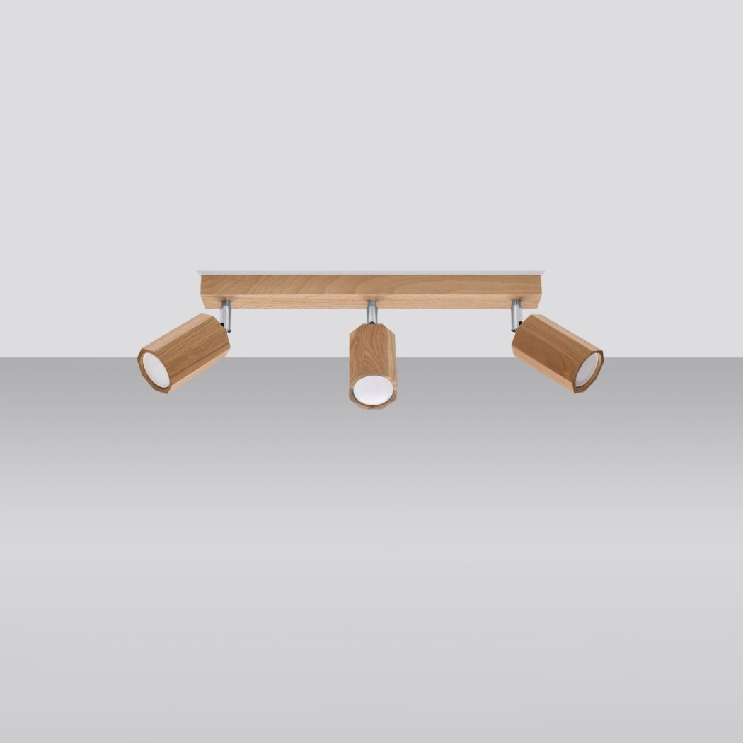 Plafoniera design in legno naturale con 3 faretti orientabili