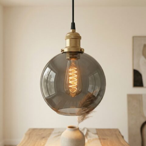 Sospensione sfera vetro fumé design industriale chic