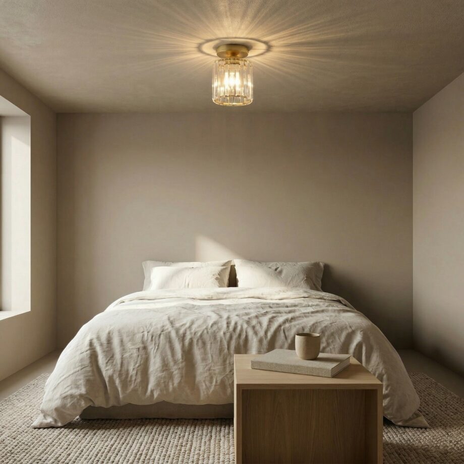 Plafoniera rotonda in cristallo con luce calda sopra un letto