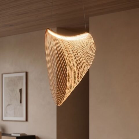 Sospensione in lamelle di legno curvate a forma di nido di rondine