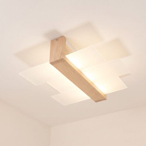 Plafoniera da soggiorno in legno chiaro e vetro, stile scandinavo