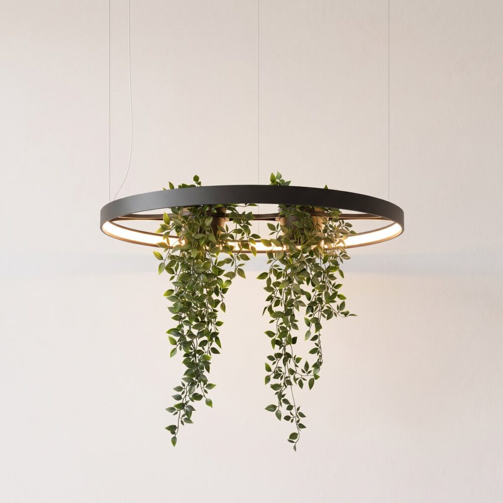 Sospensione ad anello LED nera con fioriera integrata