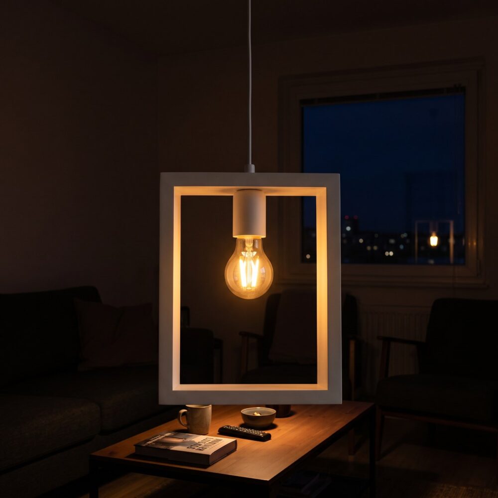 Sospensione scandinava bianca, cornice minimalista in legno