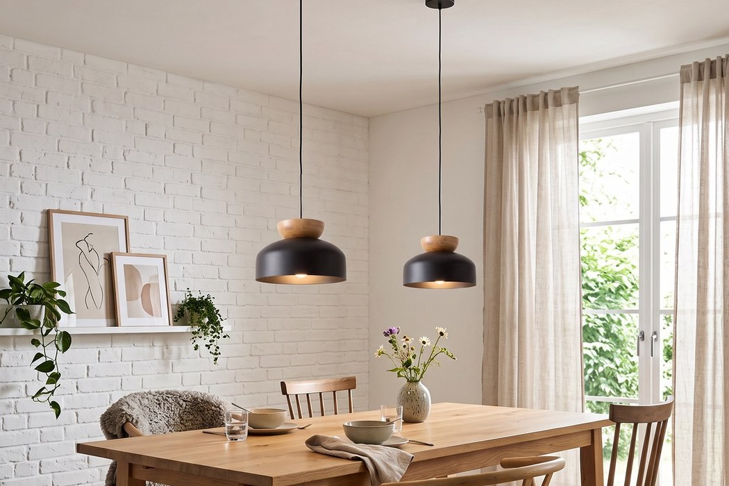 Sospensione scandinava in metallo e legno, forma arrotondata