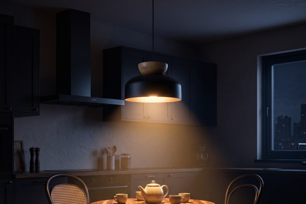 Sospensione scandinava in metallo e legno, forma arrotondata