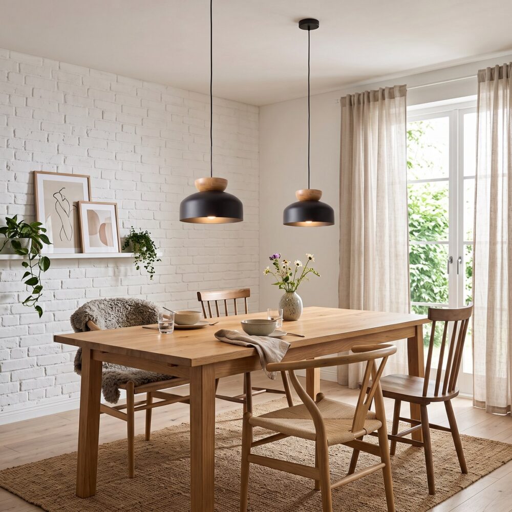 Sospensione scandinava in metallo e legno, forma arrotondata