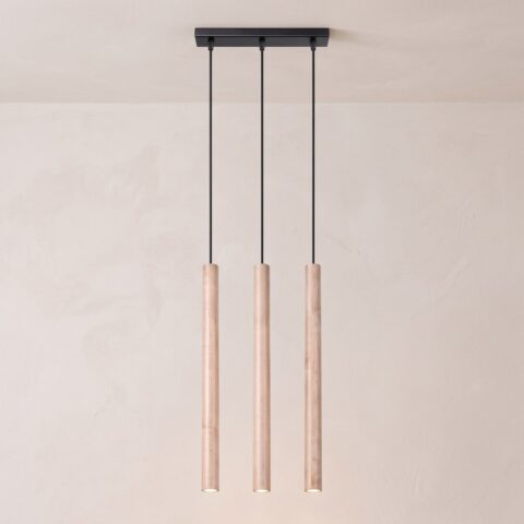 Sospensione tubolare design in legno naturale, 1, 3 o 5 tubi